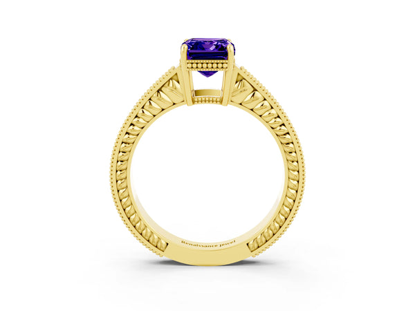 Yellow gold Emerald Cut Tanzanite Engagement Ring with Milgrain Channel Set Band and Prong Setting