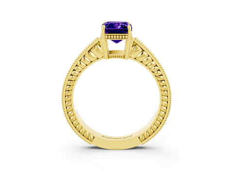 Yellow gold Emerald Cut Tanzanite Engagement Ring with Milgrain Channel Set Band and Prong Setting_3