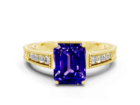 Yellow gold Emerald Cut Tanzanite Engagement Ring with Milgrain Channel Set Band and Prong Setting