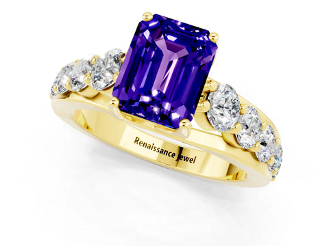 Yellow gold Emerald Cut Tanzanite Engagement Ring with Pavé Band and Four-Prong Setting_1