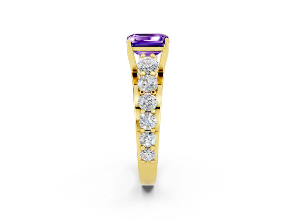 Yellow gold Emerald Cut Tanzanite Engagement Ring with Pavé Band and Four-Prong Setting
