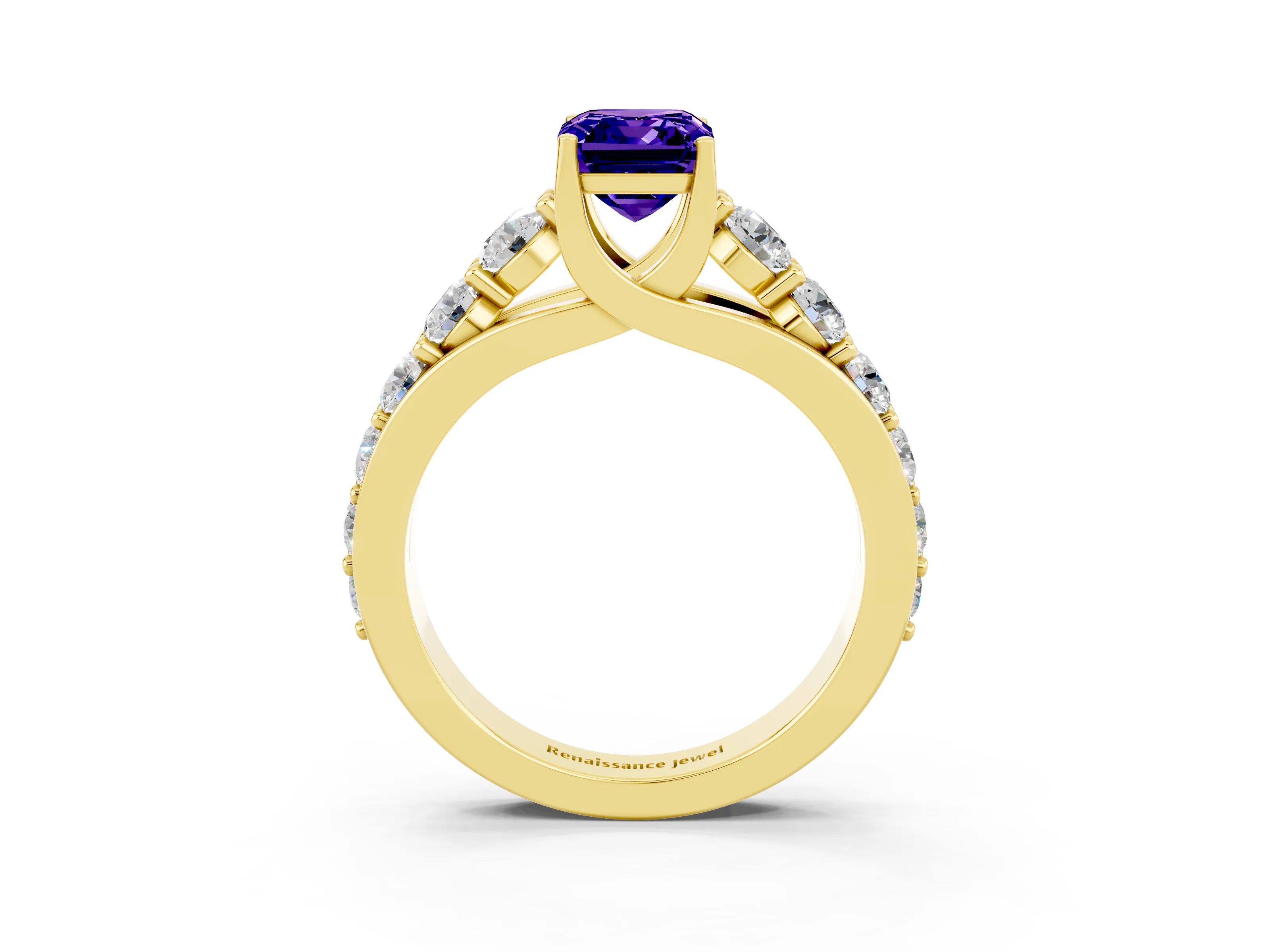 Yellow gold Emerald Cut Tanzanite Engagement Ring with Pavé Band and Four-Prong Setting_3