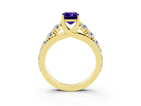 Yellow gold Emerald Cut Tanzanite Engagement Ring with Pavé Band and Four-Prong Setting