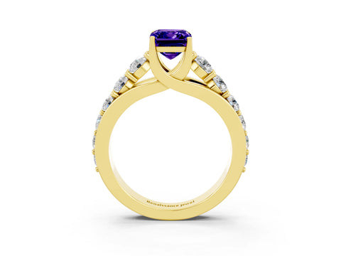 Yellow gold Emerald Cut Tanzanite Engagement Ring with Pavé Band and Four-Prong Setting_3