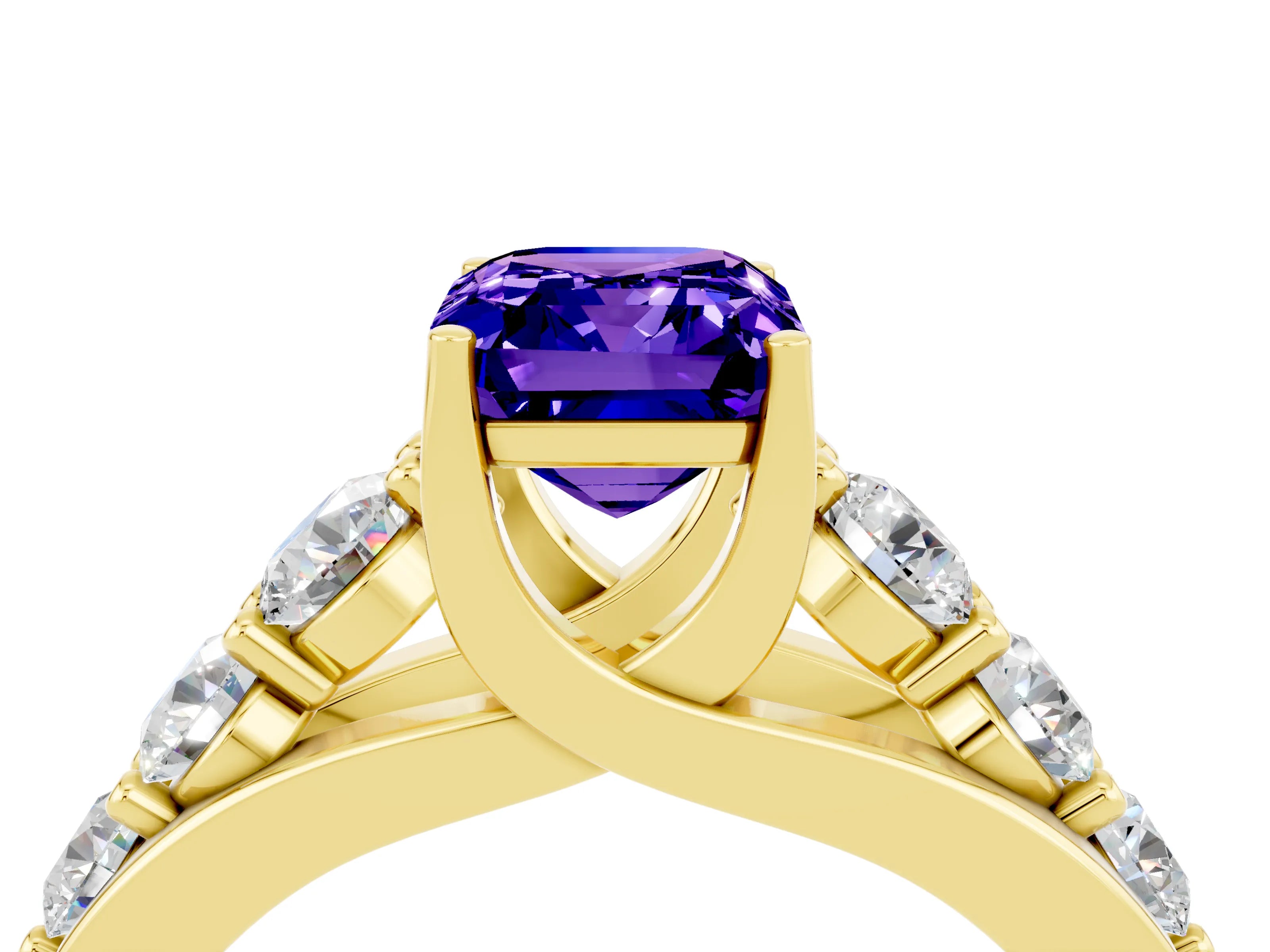 Yellow gold Emerald Cut Tanzanite Engagement Ring with Pavé Band and Four-Prong Setting_4
