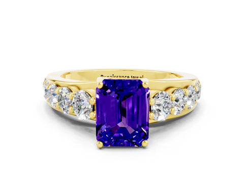 Yellow gold Emerald Cut Tanzanite Engagement Ring with Pavé Band and Four-Prong Setting