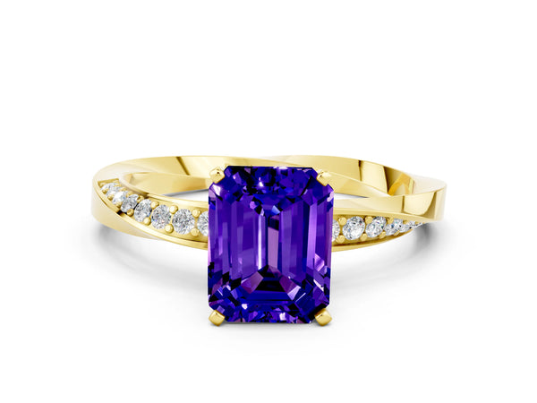 Yellow gold Emerald Cut Tanzanite Engagement Ring with Side Stone Accents and Four-Prong Setting