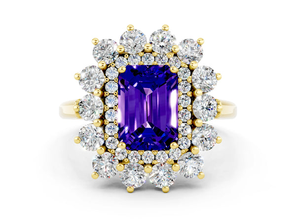 Yellow gold Emerald Cut Tanzanite Floral Double Halo Engagement Ring with Prong Setting