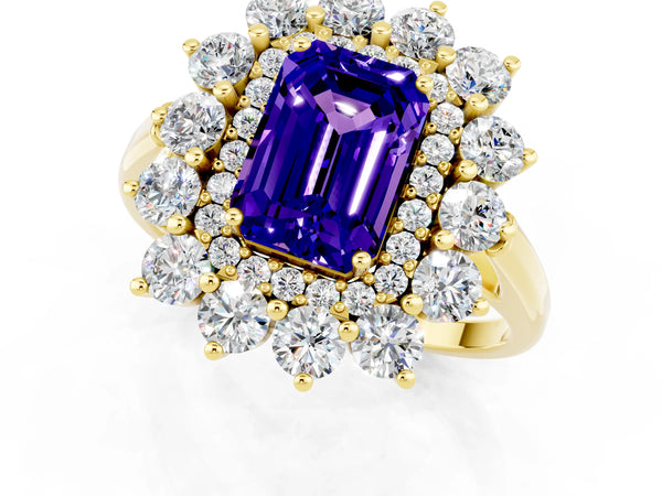 Yellow gold Emerald Cut Tanzanite Floral Double Halo Engagement Ring with Prong Setting