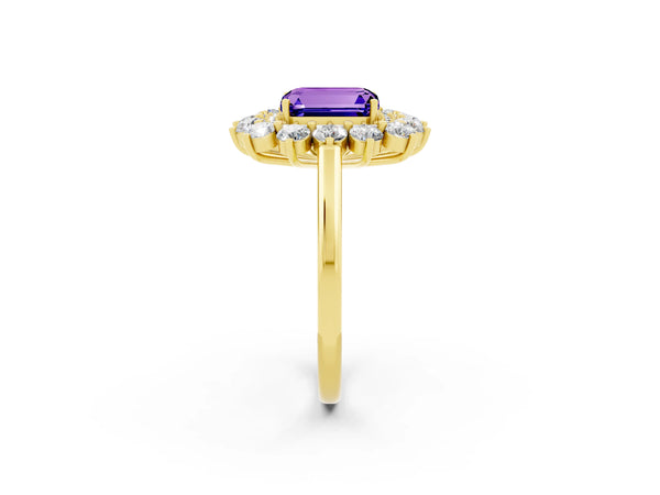 Yellow gold Emerald Cut Tanzanite Floral Double Halo Engagement Ring with Prong Setting