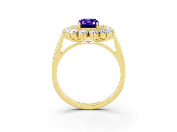 Yellow gold Emerald Cut Tanzanite Floral Double Halo Engagement Ring with Prong Setting