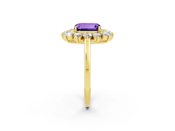 Yellow gold Emerald Cut Tanzanite Floral Double Halo Engagement Ring with Prong Setting