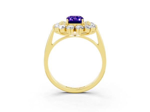 Yellow gold Emerald Cut Tanzanite Floral Double Halo Engagement Ring with Prong Setting