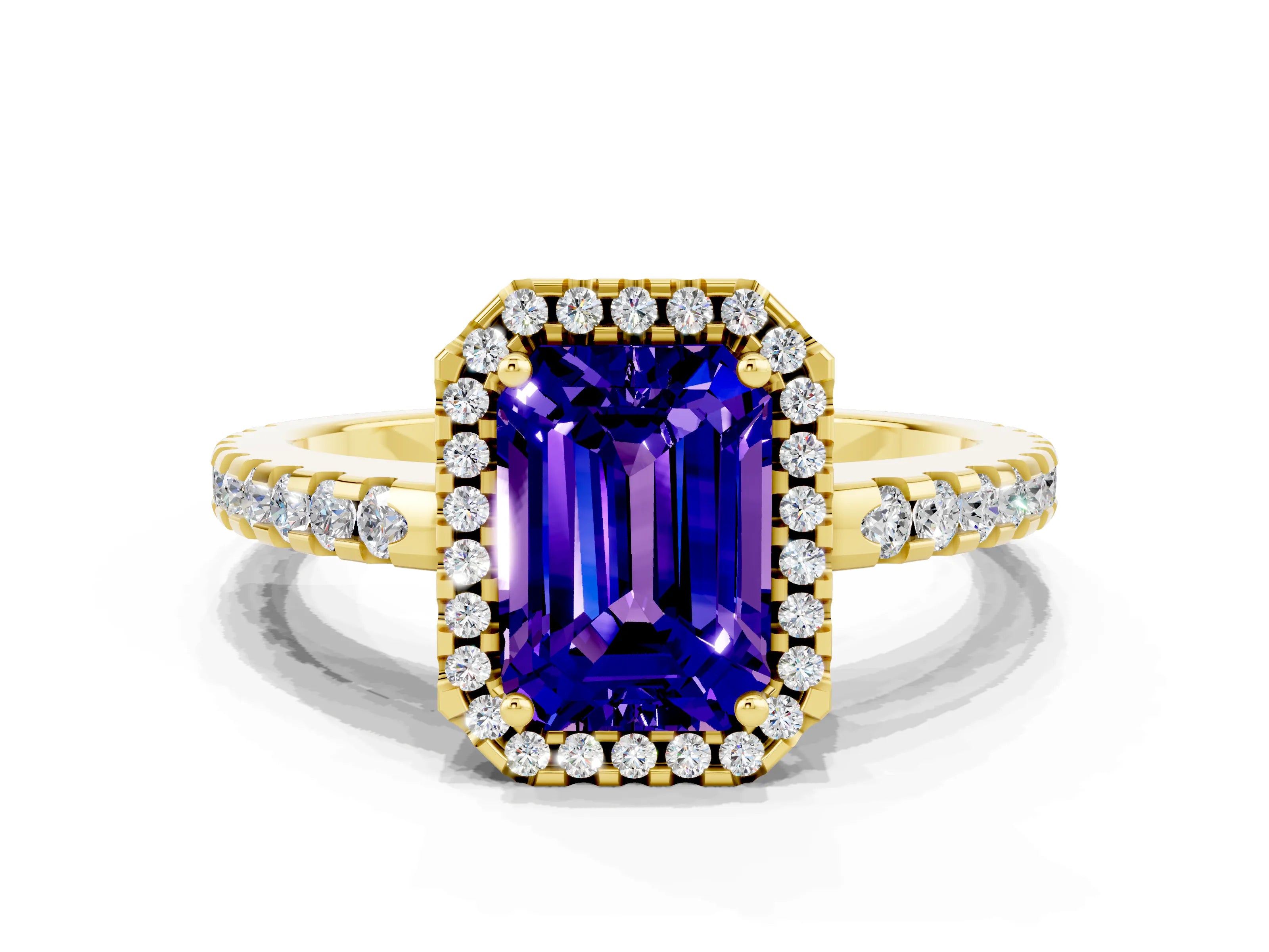 Yellow gold Emerald Cut Tanzanite Halo Engagement Ring with Pavé Band and Prong Setting_12