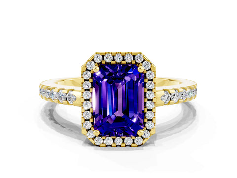 Yellow gold Emerald Cut Tanzanite Halo Engagement Ring with Pavé Band and Prong Setting_12