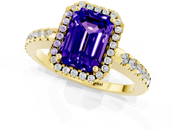 Yellow gold Emerald Cut Tanzanite Halo Engagement Ring with Pavé Band and Prong Setting