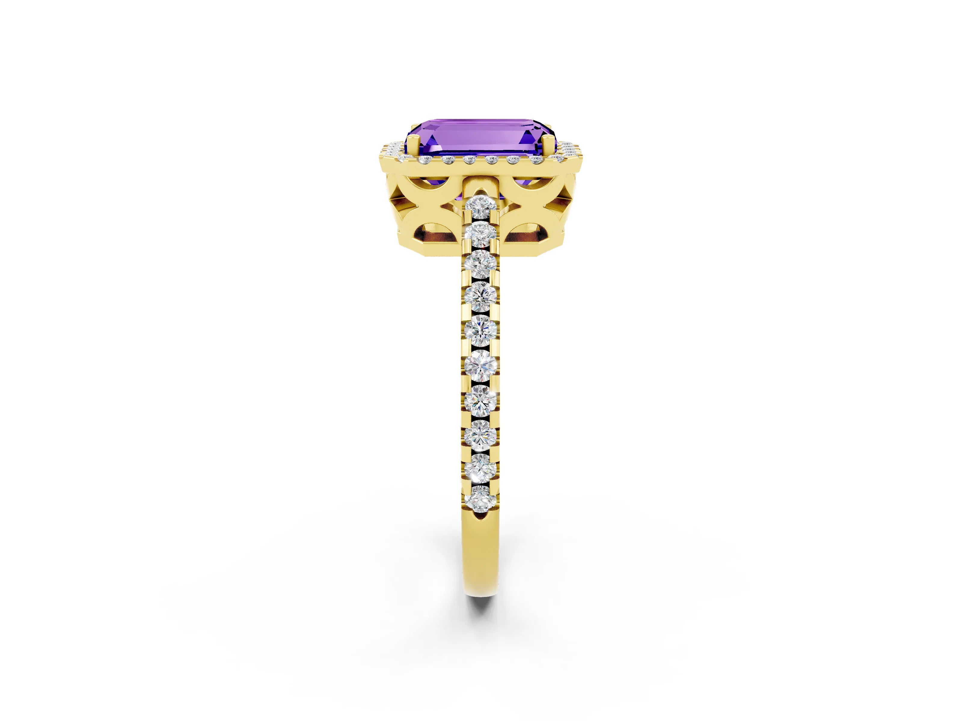 Yellow gold Emerald Cut Tanzanite Halo Engagement Ring with Pavé Band and Prong Setting_14