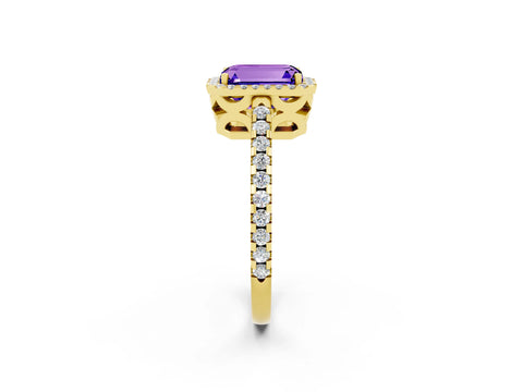 Yellow gold Emerald Cut Tanzanite Halo Engagement Ring with Pavé Band and Prong Setting_14