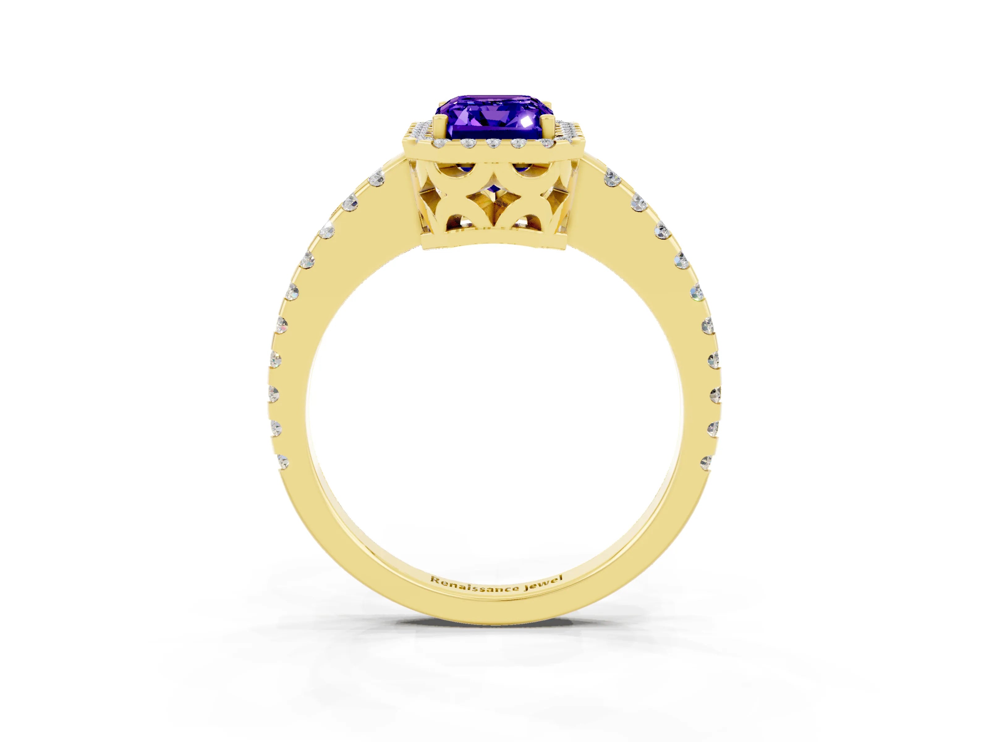 Yellow gold Emerald Cut Tanzanite Halo Engagement Ring with Pavé Band and Prong Setting_15