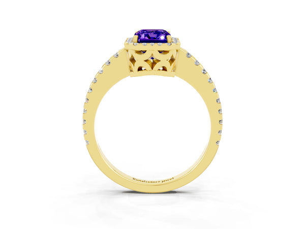 Yellow gold Emerald Cut Tanzanite Halo Engagement Ring with Pavé Band and Prong Setting
