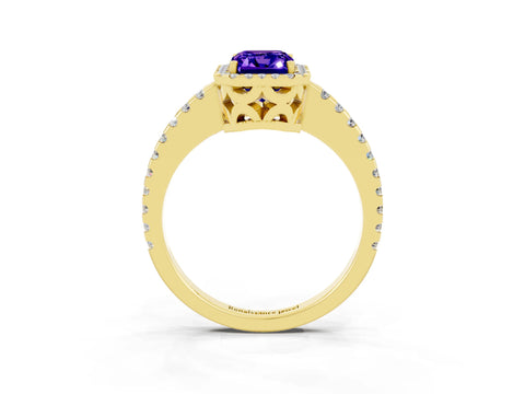 Yellow gold Emerald Cut Tanzanite Halo Engagement Ring with Pavé Band and Prong Setting_15