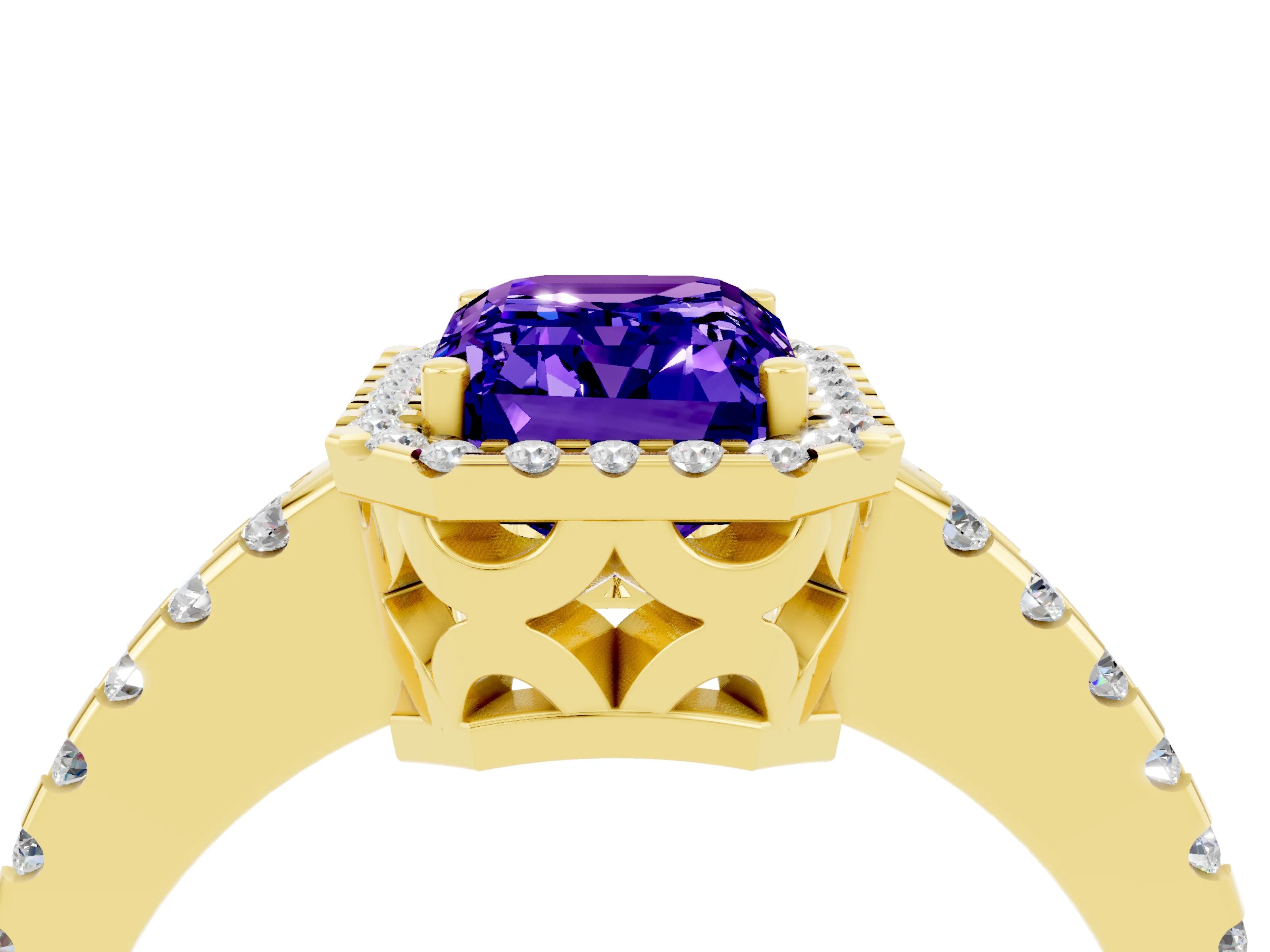 Yellow gold Emerald Cut Tanzanite Halo Engagement Ring with Pavé Band and Prong Setting_16