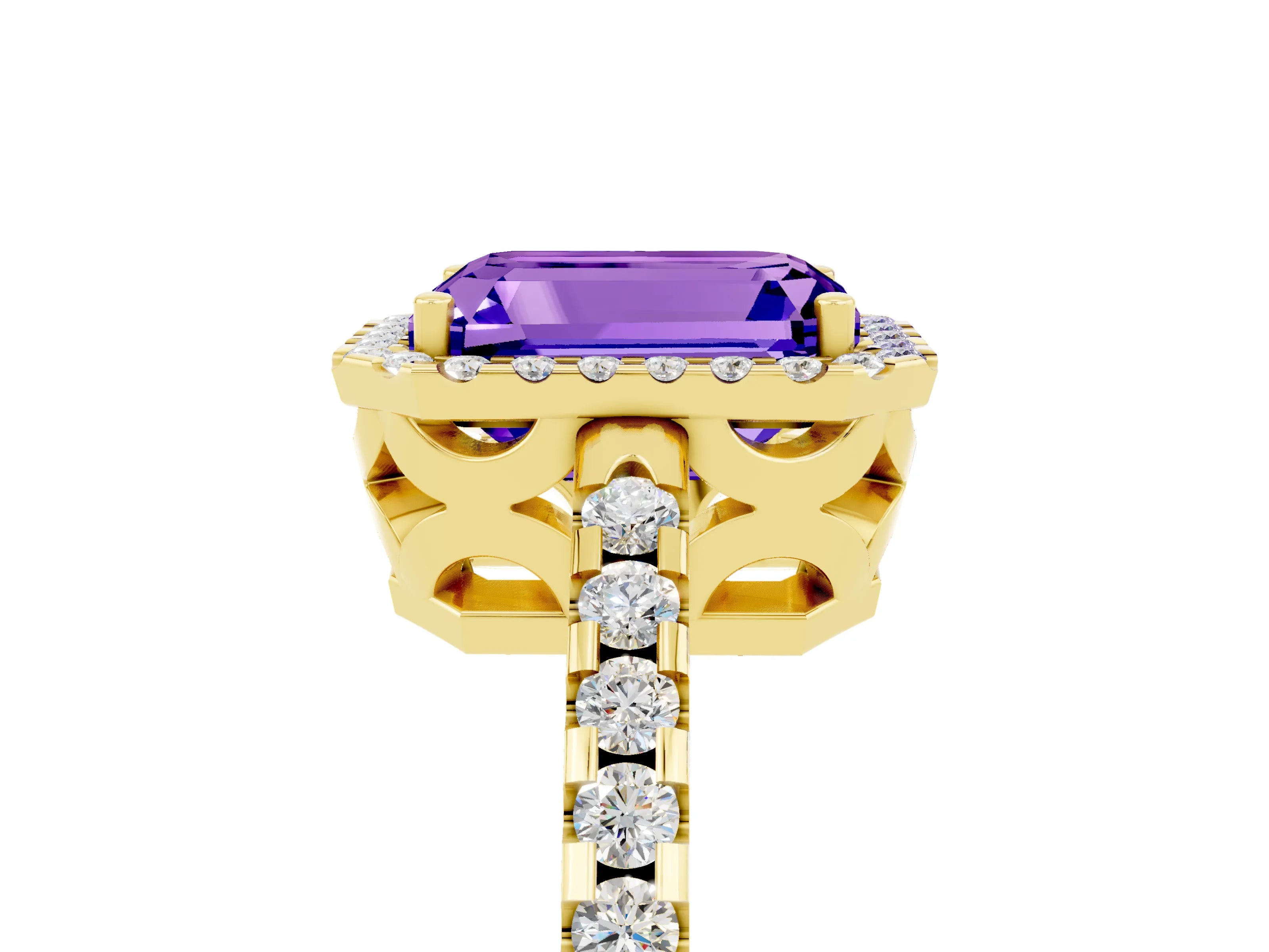 Yellow gold Emerald Cut Tanzanite Halo Engagement Ring with Pavé Band and Prong Setting_17