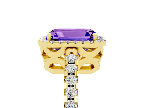 Yellow gold Emerald Cut Tanzanite Halo Engagement Ring with Pavé Band and Prong Setting_17