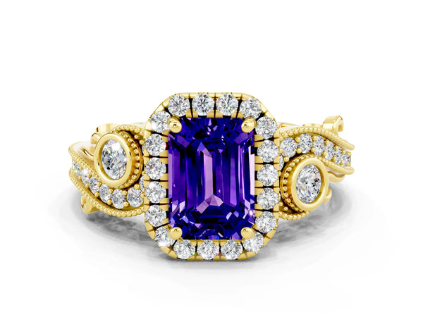 Yellow gold Emerald Cut Tanzanite Halo Ring with Milgrain Pavé Band and Four-Prong Setting