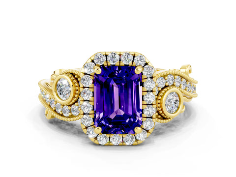 Yellow gold Emerald Cut Tanzanite Halo Ring with Milgrain Pavé Band and Four-Prong Setting_12