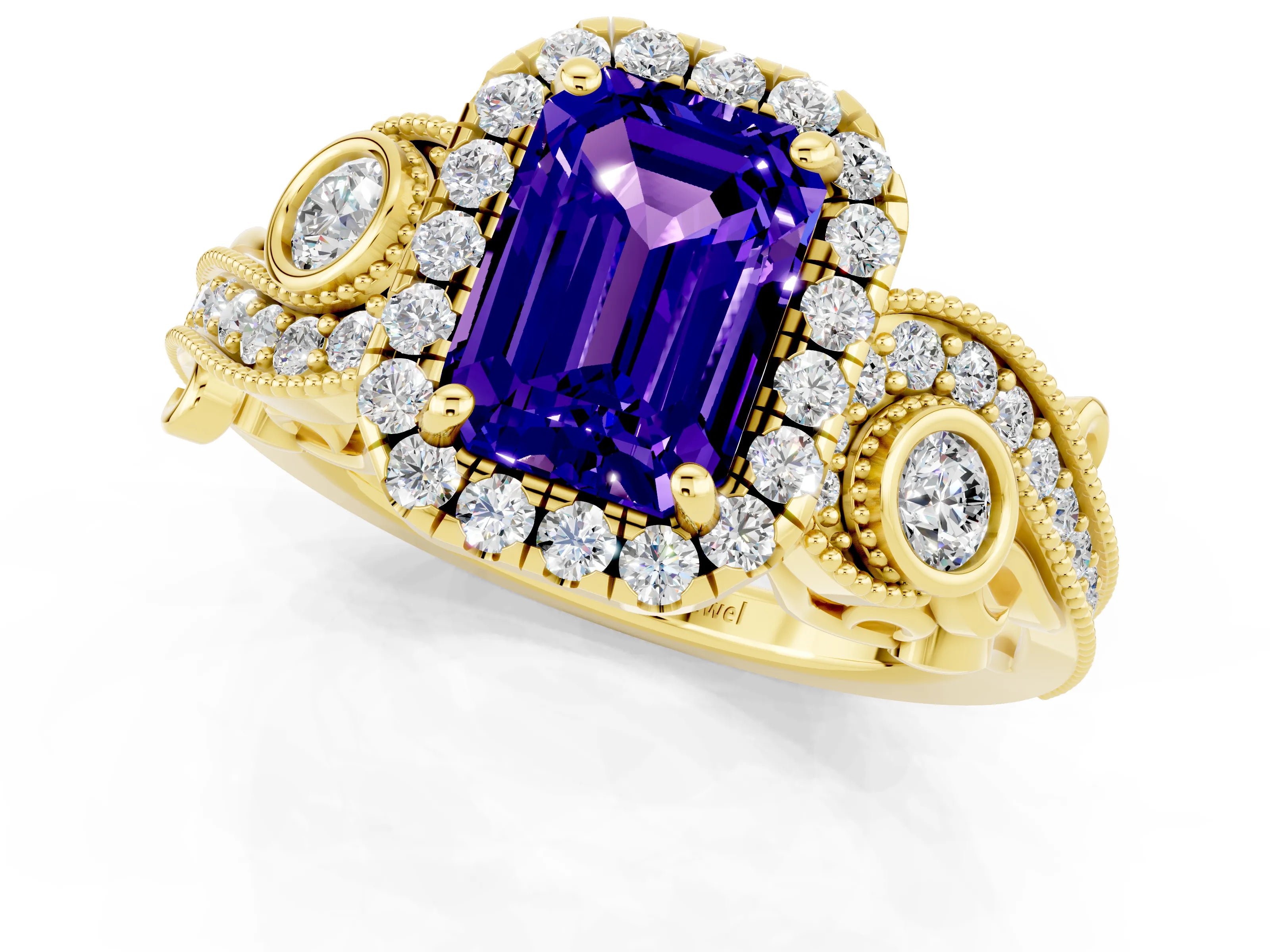Yellow gold Emerald Cut Tanzanite Halo Ring with Milgrain Pavé Band and Four-Prong Setting_13