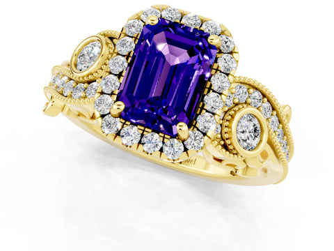 Yellow gold Emerald Cut Tanzanite Halo Ring with Milgrain Pavé Band and Four-Prong Setting_13