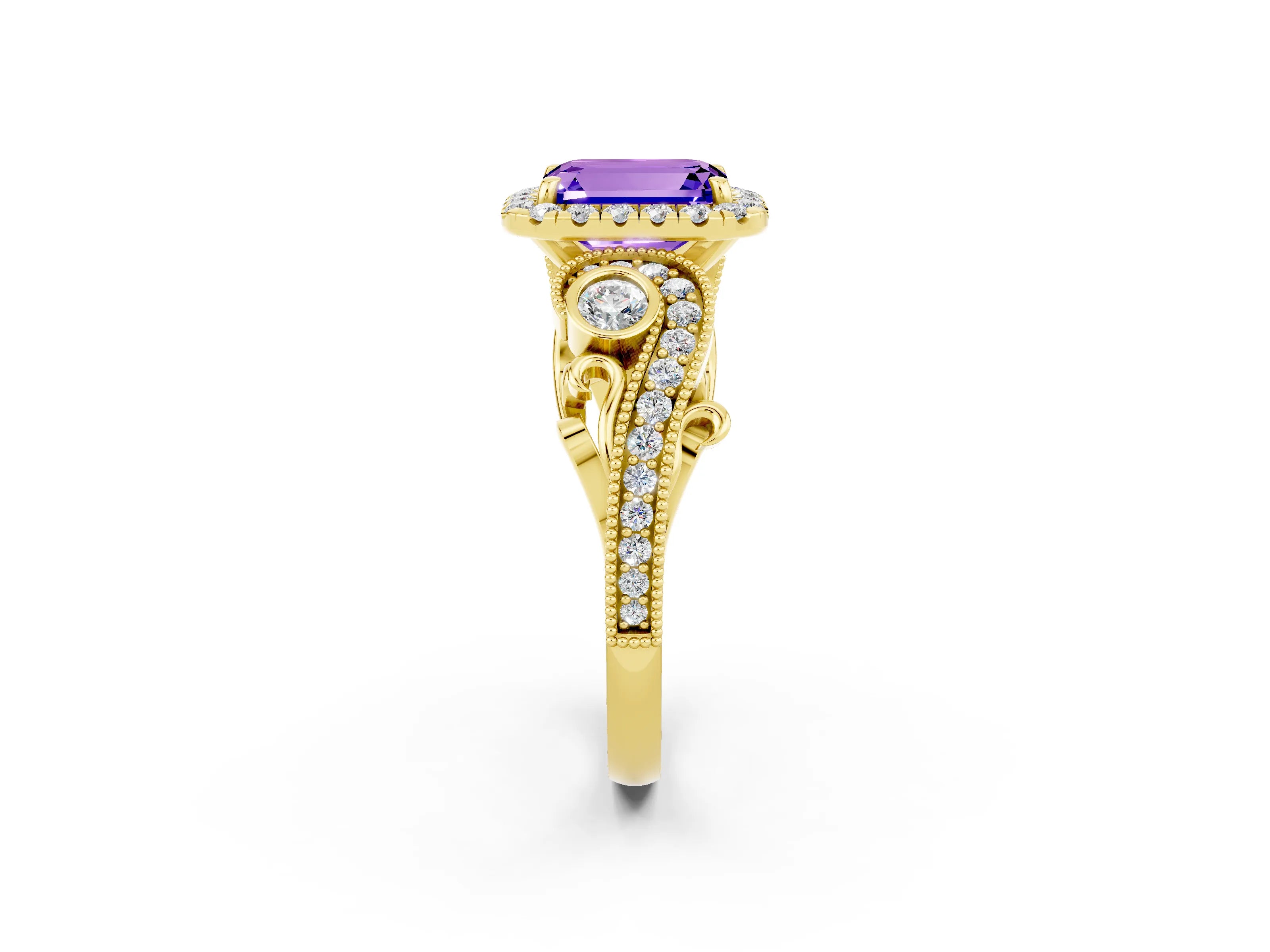Yellow gold Emerald Cut Tanzanite Halo Ring with Milgrain Pavé Band and Four-Prong Setting_14