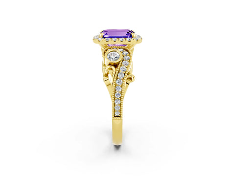 Yellow gold Emerald Cut Tanzanite Halo Ring with Milgrain Pavé Band and Four-Prong Setting_14