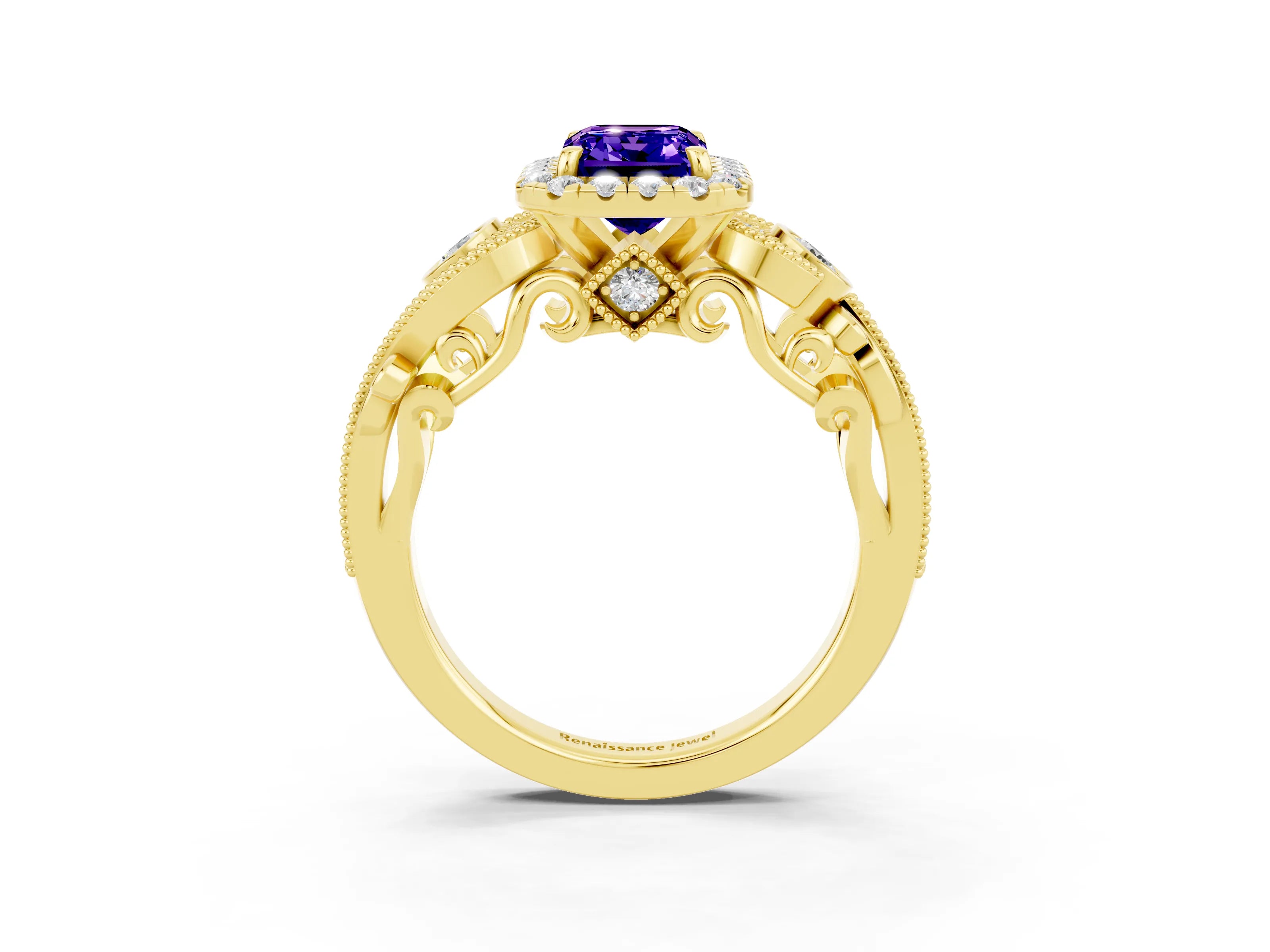 Yellow gold Emerald Cut Tanzanite Halo Ring with Milgrain Pavé Band and Four-Prong Setting_15