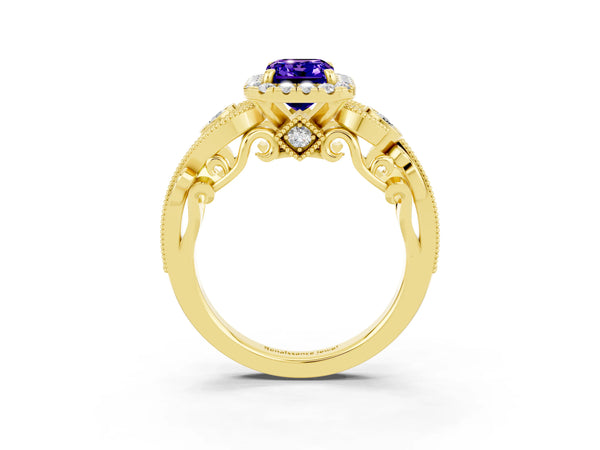 Yellow gold Emerald Cut Tanzanite Halo Ring with Milgrain Pavé Band and Four-Prong Setting