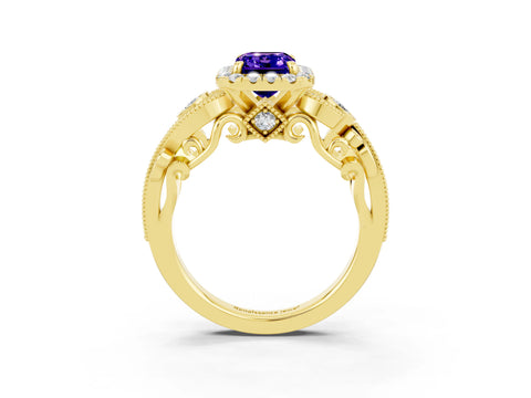 Yellow gold Emerald Cut Tanzanite Halo Ring with Milgrain Pavé Band and Four-Prong Setting_15