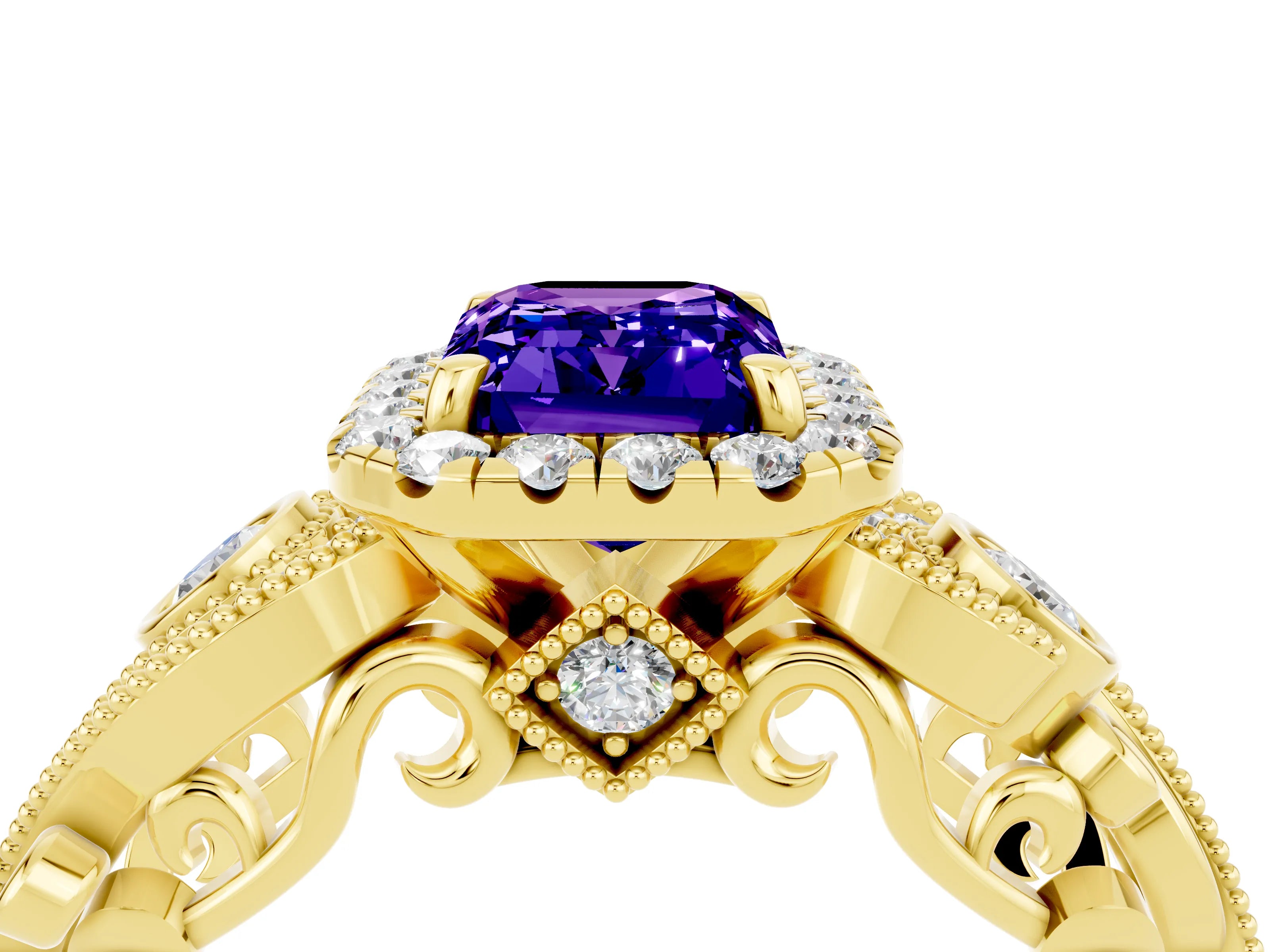 Yellow gold Emerald Cut Tanzanite Halo Ring with Milgrain Pavé Band and Four-Prong Setting_16