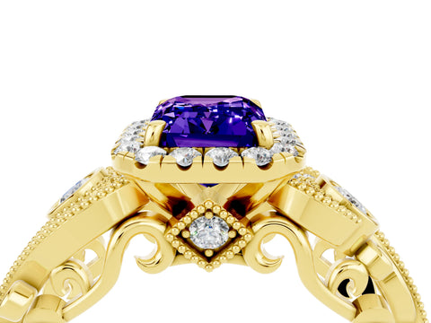 Yellow gold Emerald Cut Tanzanite Halo Ring with Milgrain Pavé Band and Four-Prong Setting_16
