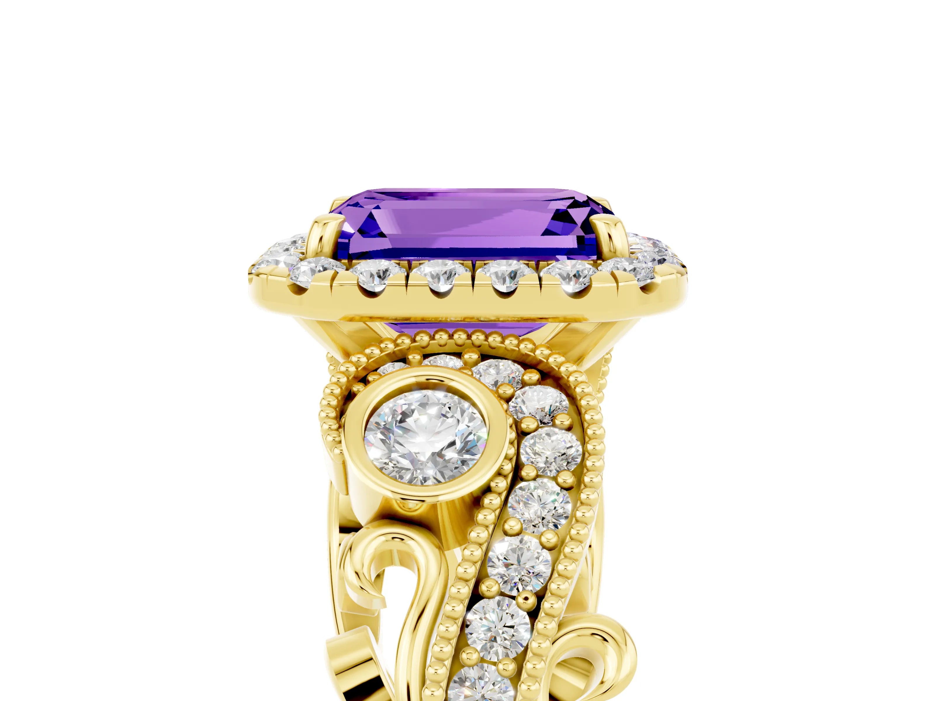 Yellow gold Emerald Cut Tanzanite Halo Ring with Milgrain Pavé Band and Four-Prong Setting_17