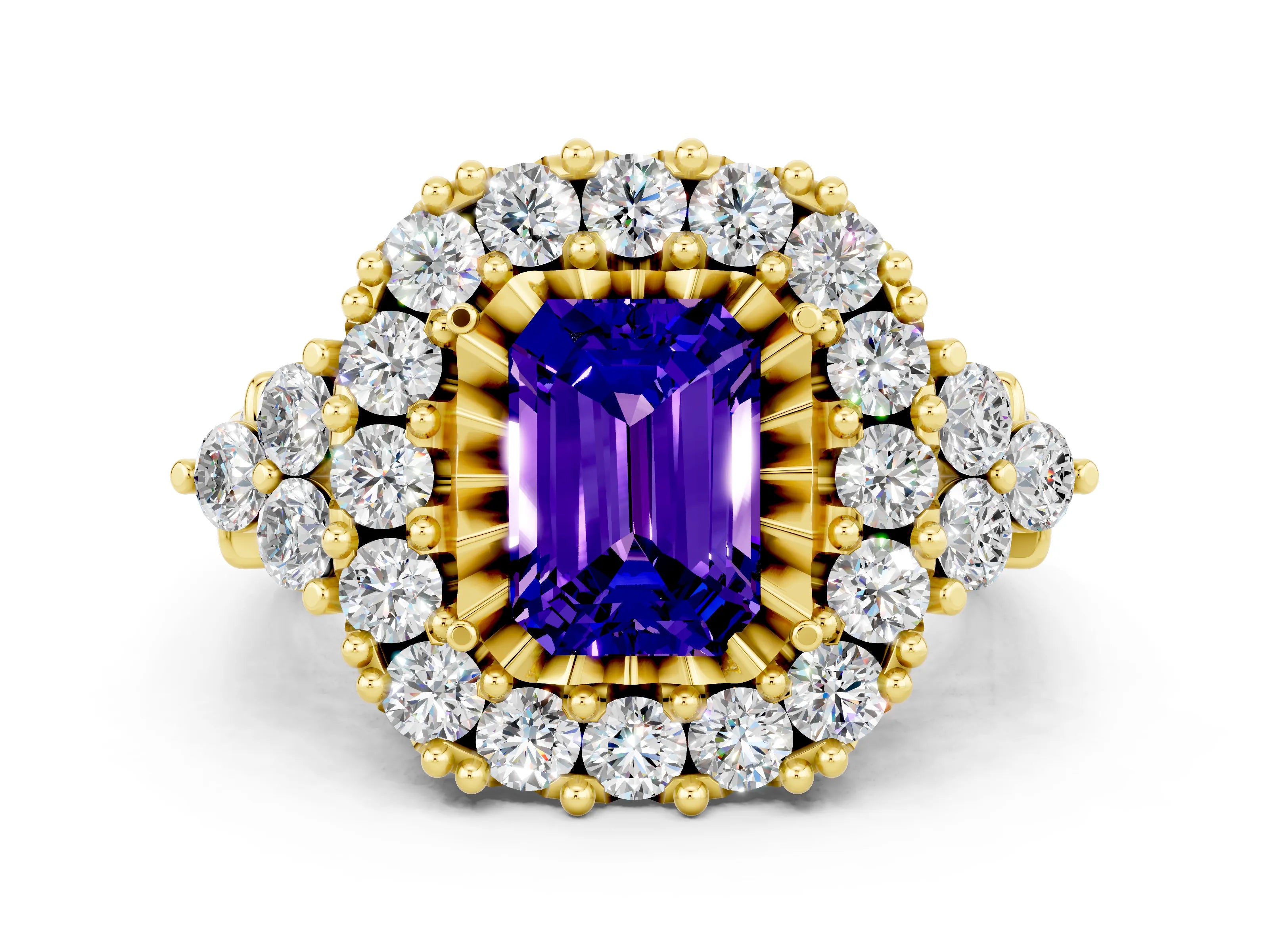 Yellow gold Emerald Cut Tanzanite Halo Ring with Pavé Band and Four-Prong Setting_12