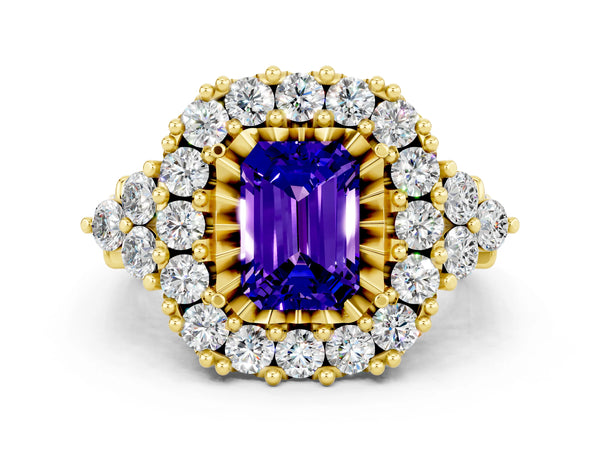 Yellow gold Emerald Cut Tanzanite Halo Ring with Pavé Band and Four-Prong Setting