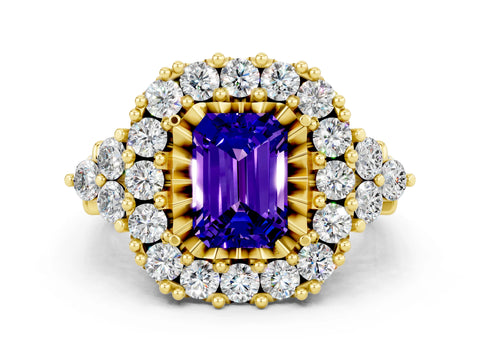 Yellow gold Emerald Cut Tanzanite Halo Ring with Pavé Band and Four-Prong Setting_12