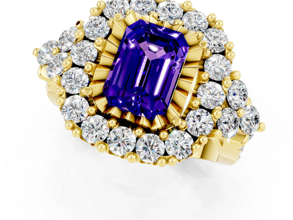 Yellow gold Emerald Cut Tanzanite Halo Ring with Pavé Band and Four-Prong Setting