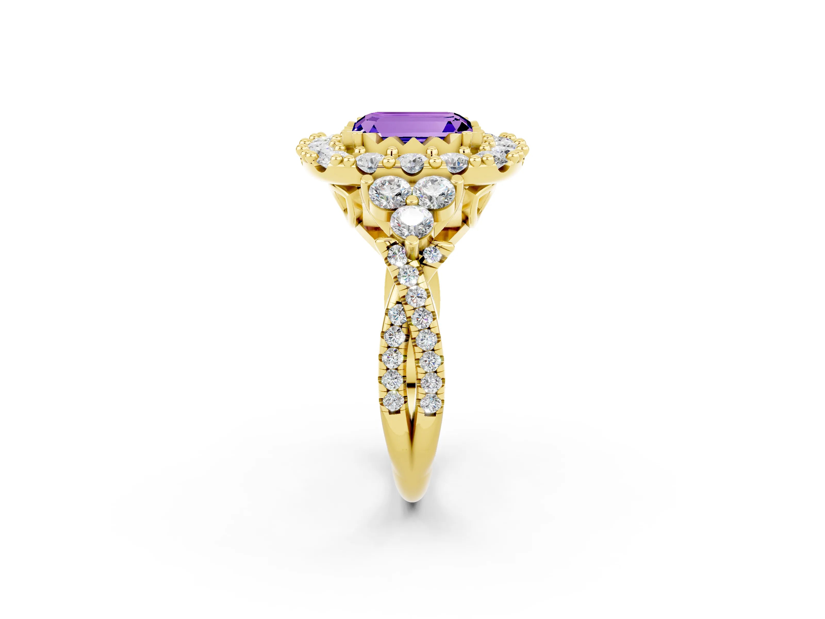 Yellow gold Emerald Cut Tanzanite Halo Ring with Pavé Band and Four-Prong Setting_14
