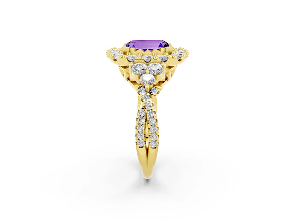 Yellow gold Emerald Cut Tanzanite Halo Ring with Pavé Band and Four-Prong Setting