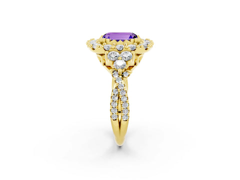 Yellow gold Emerald Cut Tanzanite Halo Ring with Pavé Band and Four-Prong Setting_14