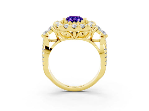 Yellow gold Emerald Cut Tanzanite Halo Ring with Pavé Band and Four-Prong Setting_15