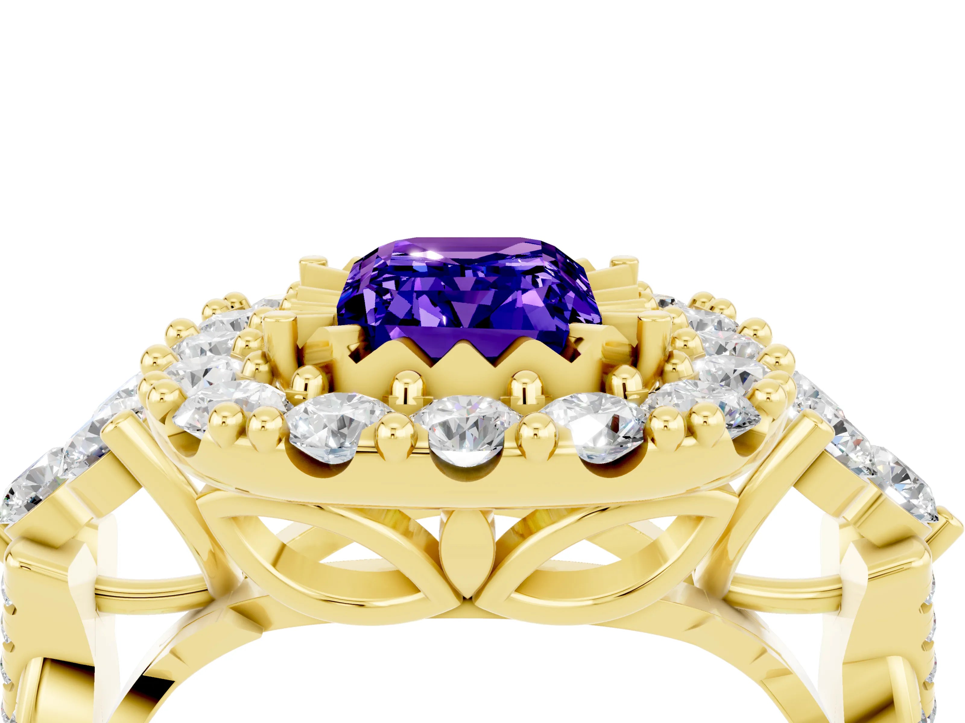 Yellow gold Emerald Cut Tanzanite Halo Ring with Pavé Band and Four-Prong Setting_16
