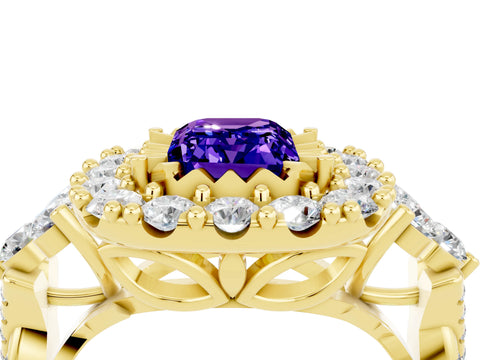 Yellow gold Emerald Cut Tanzanite Halo Ring with Pavé Band and Four-Prong Setting_16